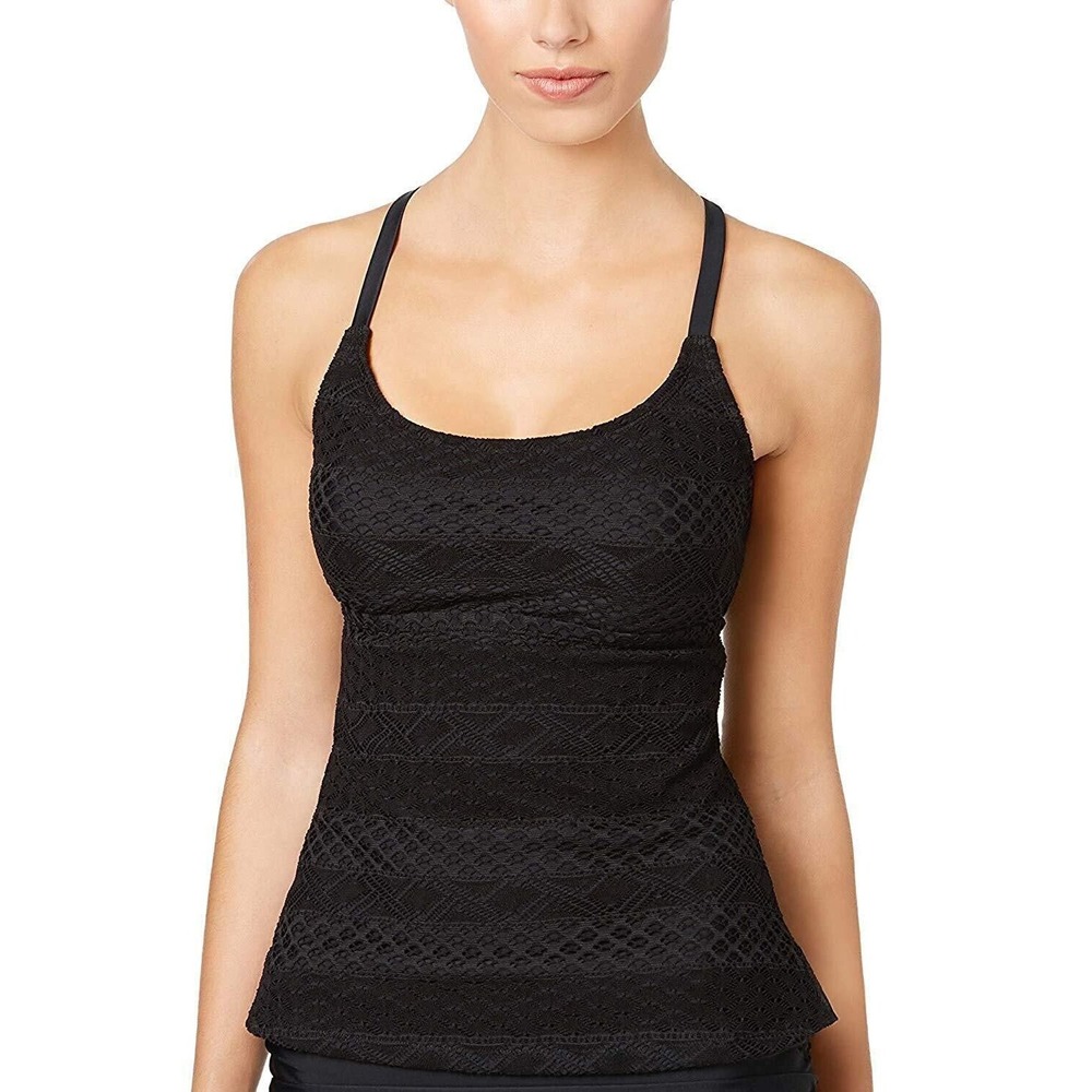 Island Escape BLACK Sky Crochet Strappy Tankini Top, Size 6 NWT